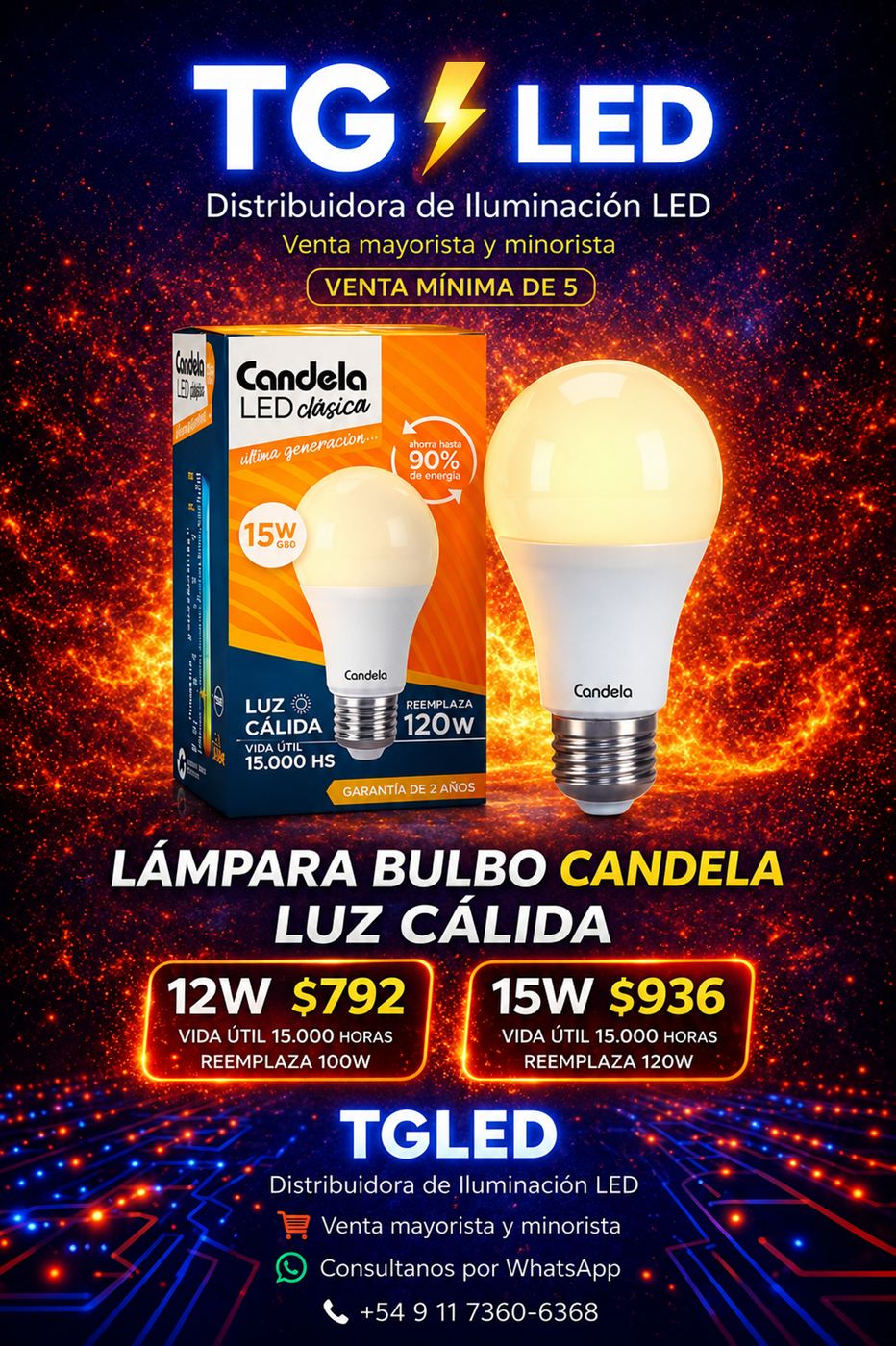 Lámpara bulbo Candela clásica, luz cálida, 12W y 15W