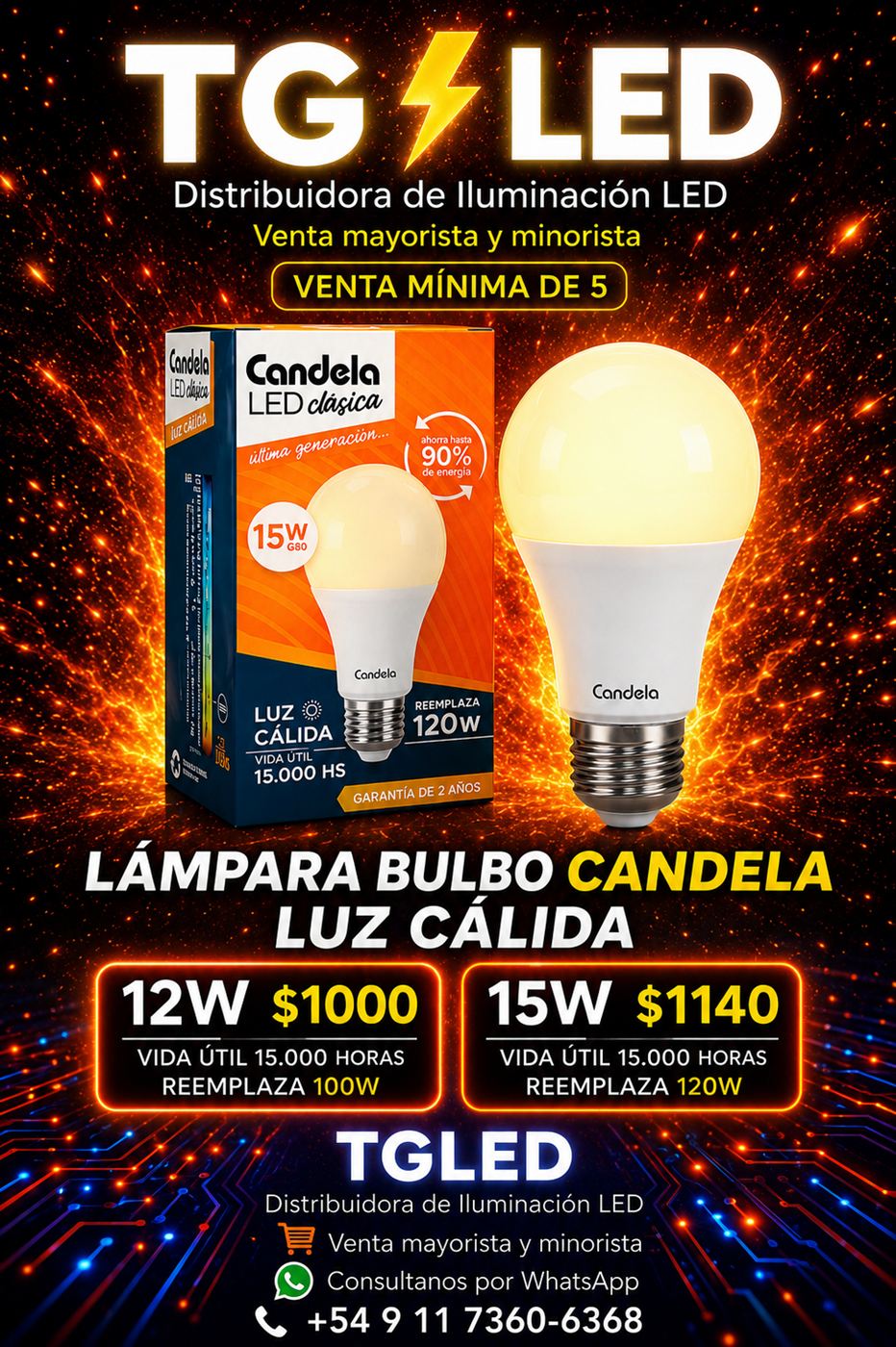 Lámpara bulbo Candela clásica, luz cálida, 12W y 15W