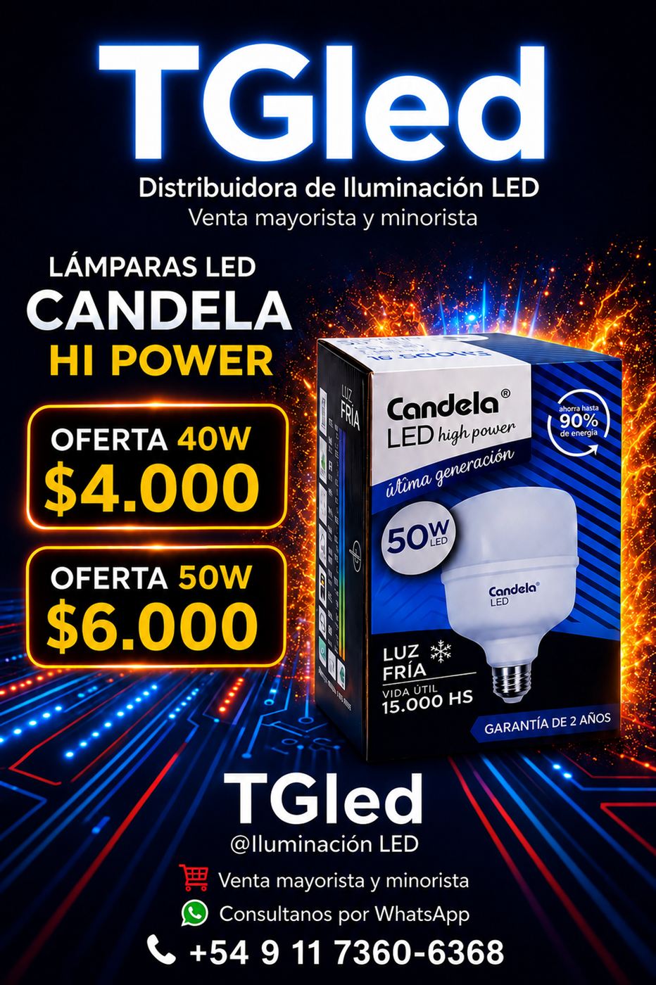 Lámpara LED Candela Hi Power de 40W y 50W