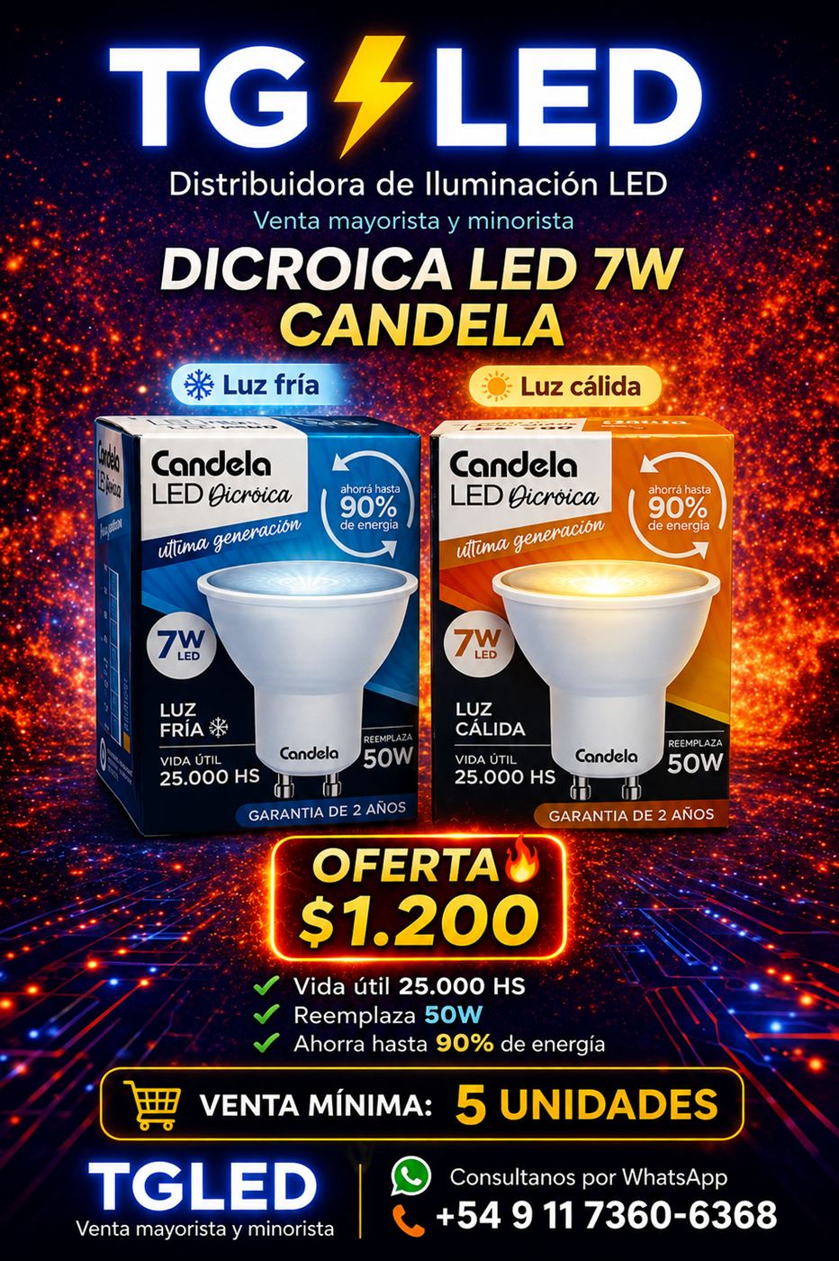 Dicroica LED Candela de 7W, luz fría y luz cálida