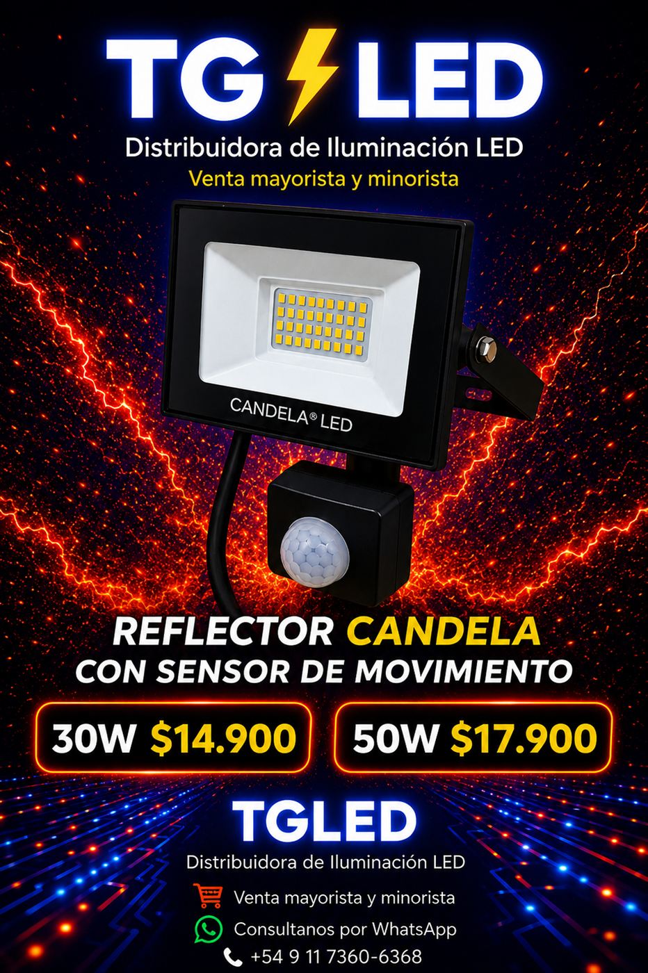 Reflector LED Candela con sensor de movimiento, 30W y 50W