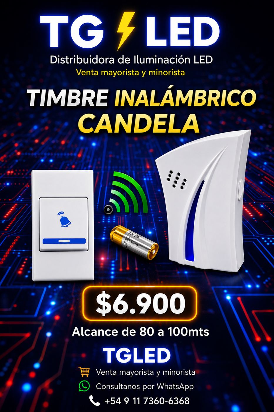 Timbre inalámbrico Candela, alcance de 80 a 100 metros